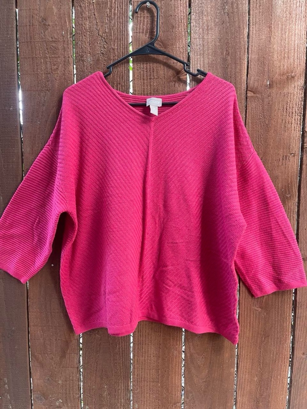 Chico's Fuschia Textured Ribbed Knit Cashmere Blend Relaxed Fit Sweater Sz 3
